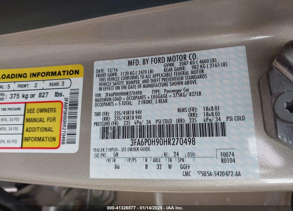 2017 FORD FUSION VIN: 3FA6P0H90HR270498