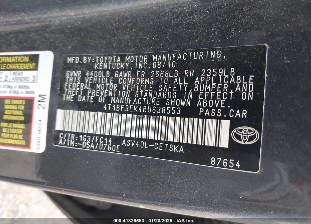 2011 TOYOTA CAMRY VIN: 4T1BF3EK4BU638553