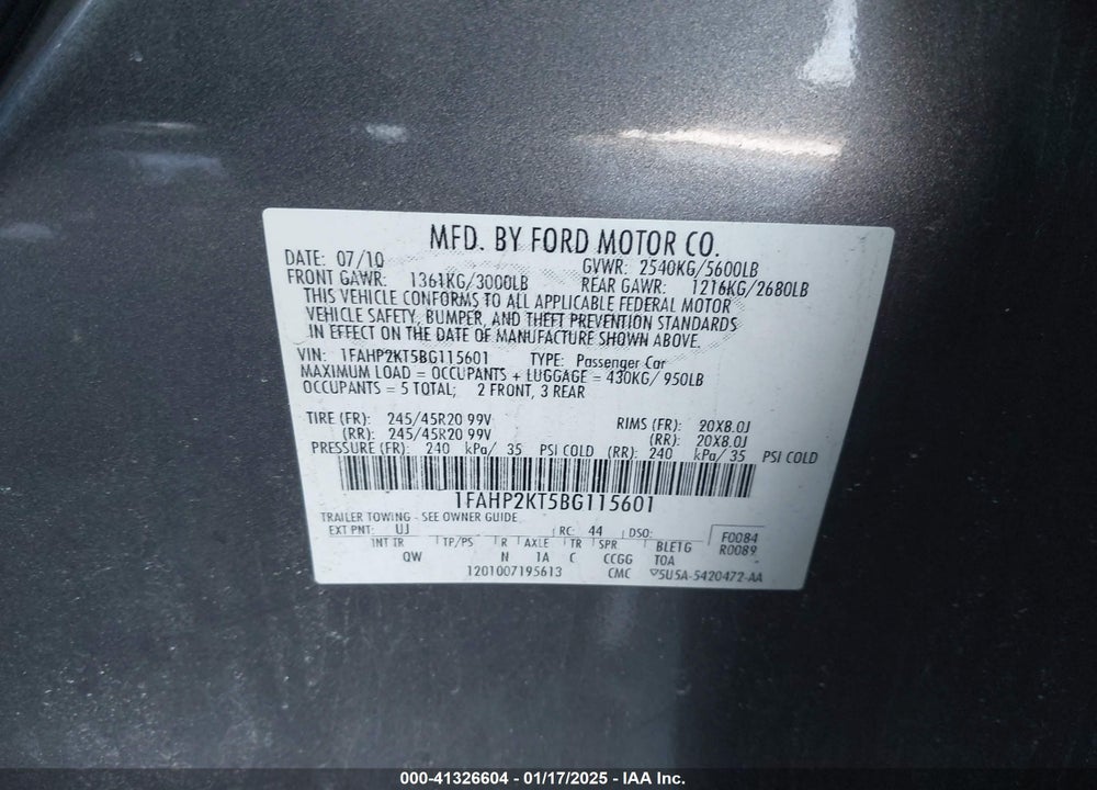 2011 FORD TAURUS VIN: 1FAHP2KT5BG115601