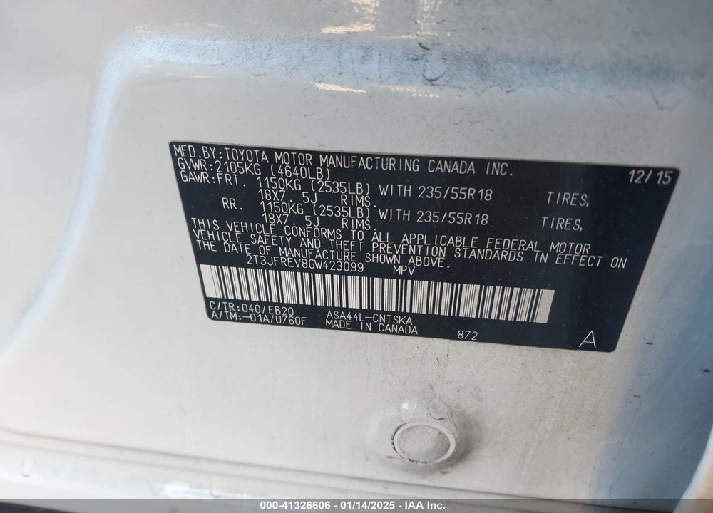 2016 TOYOTA RAV4 SE VIN: 2T3JFREV8GW423099