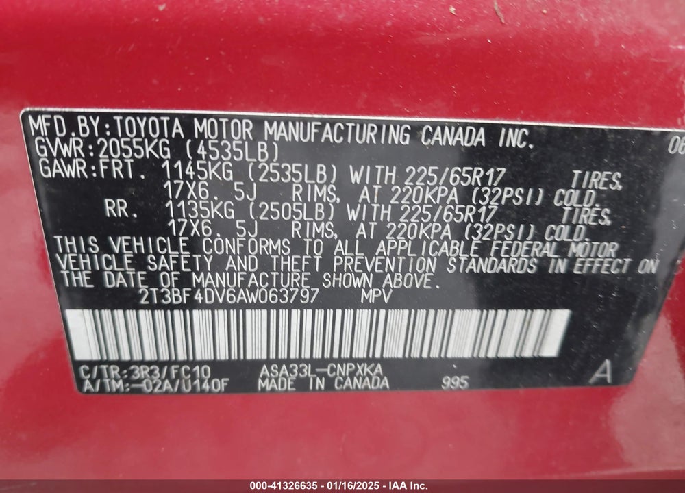 2010 TOYOTA RAV4 VIN: 2T3BF4DV6AW063797