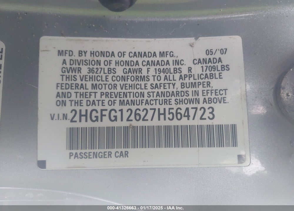 2007 HONDA CIVIC LX VIN: 2HGFG12627H564723