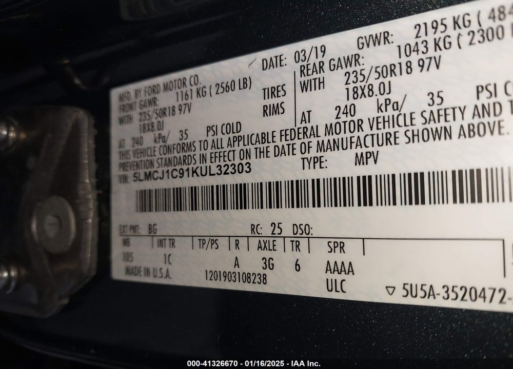 2019 LINCOLN MKC STANDARD VIN: 5LMCJ1C91KUL32303