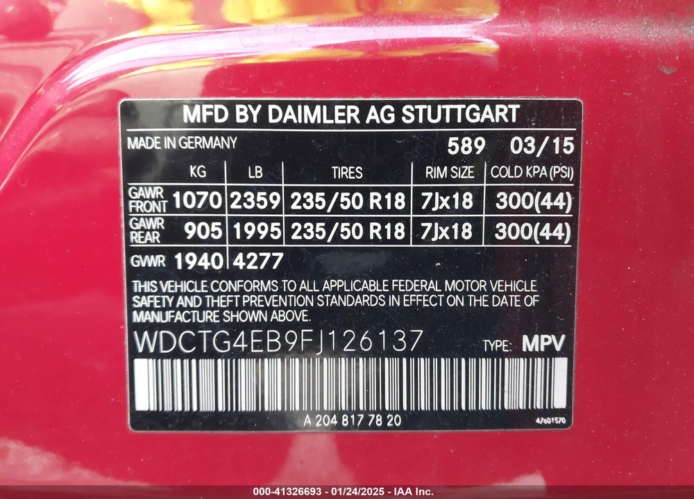 2015 MERCEDES-BENZ GLA 250 VIN: WDCTG4EB9FJ126137