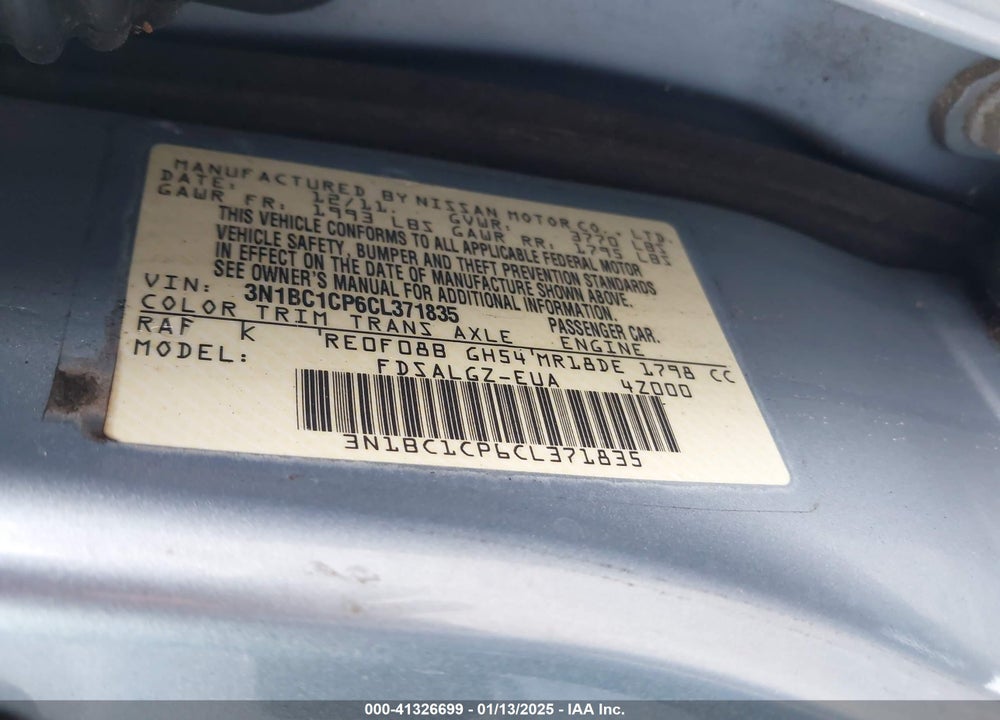 2012 NISSAN VERSA VIN: 3N1BC1CP6CL371835