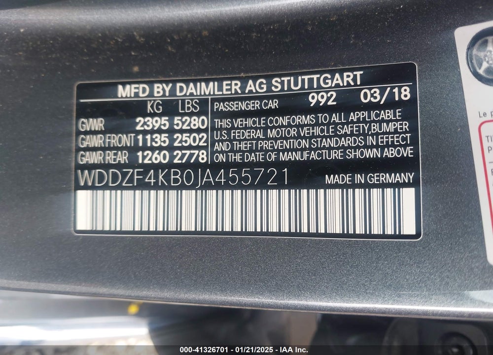 2018 MERCEDES-BENZ E VIN: WDDZF4KB0JA455721