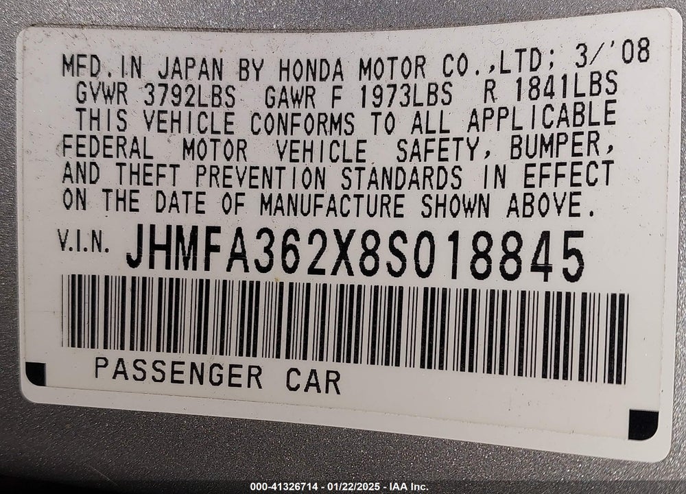2008 HONDA CIVIC HYBRID VIN: JHMFA362X8S018845
