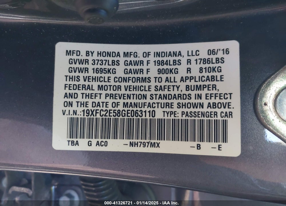 2016 HONDA CIVIC LX VIN: 19XFC2E58GE063110