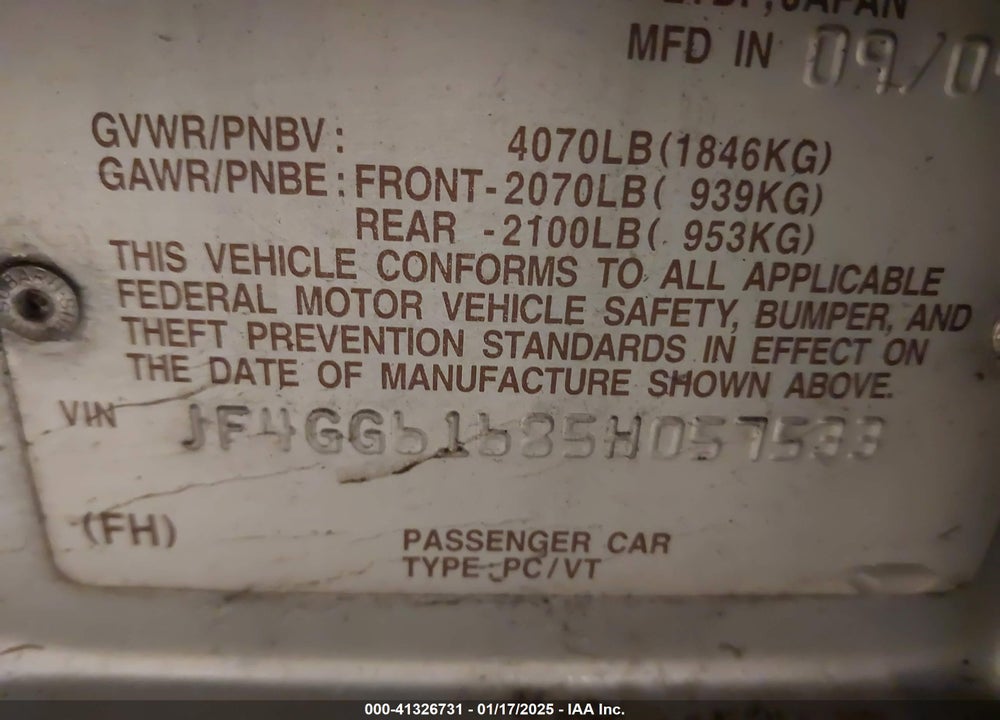 2005 SAAB 9-2X LINEAR VIN: JF4GG61685H057533