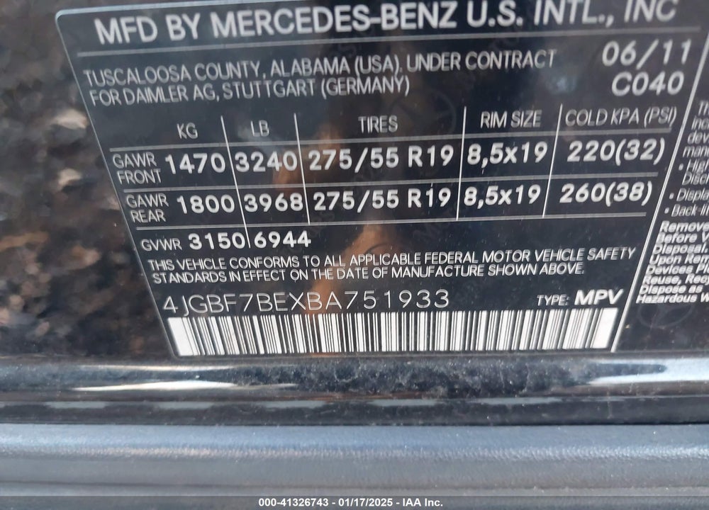 2011 MERCEDES-BENZ GL 450 4MATIC VIN: 4JGBF7BEXBA751933