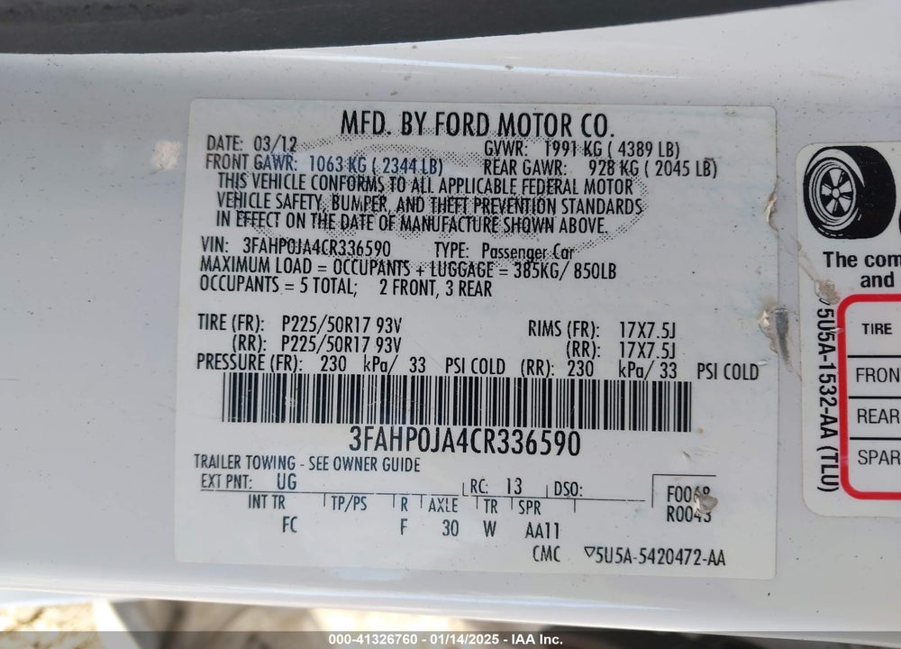 2012 FORD FUSION VIN: 3FAHP0JA4CR336590