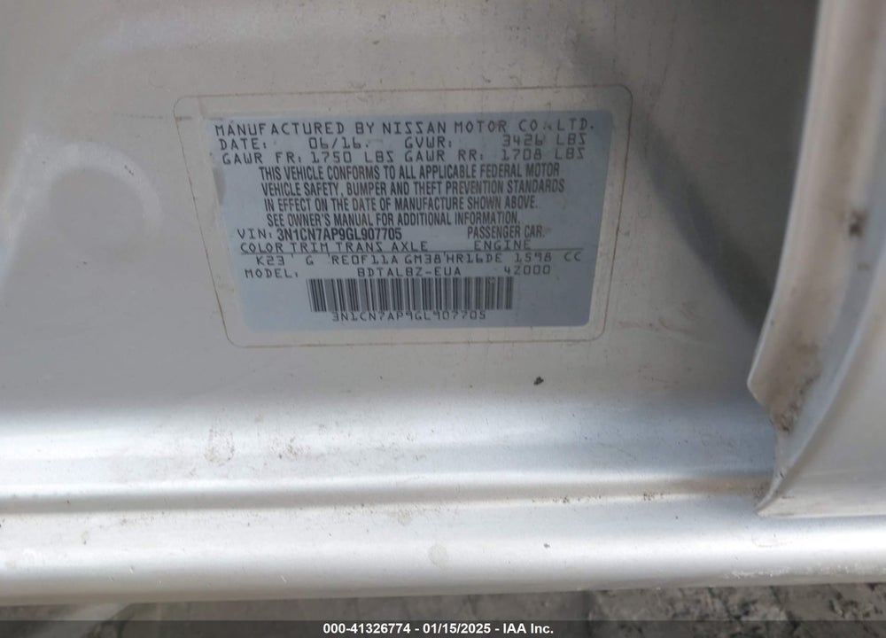 2016 NISSAN VERSA 1.6 SV VIN: 3N1CN7AP9GL907705