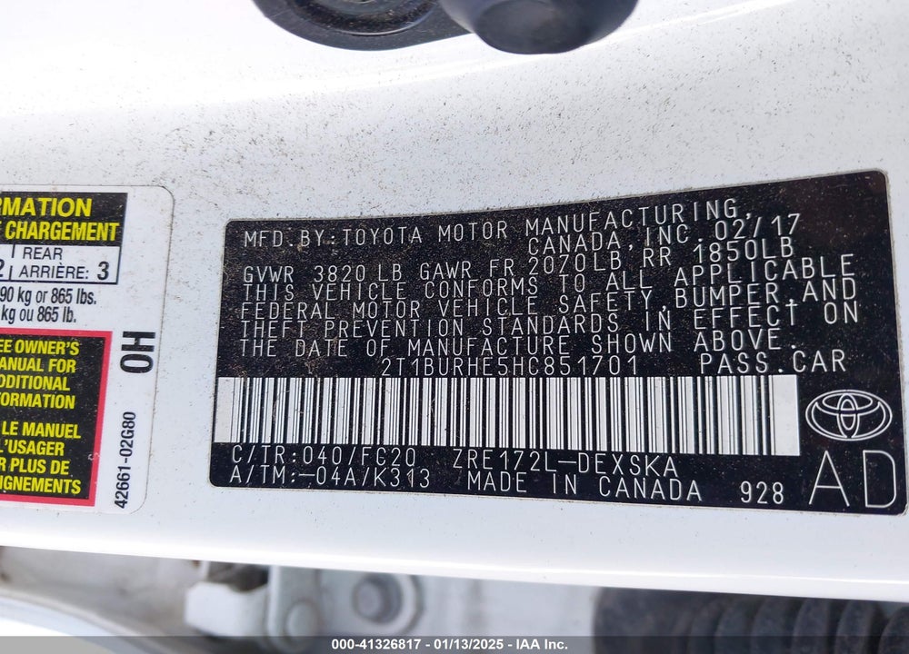 2017 TOYOTA COROLLA VIN: 2T1BURHE5HC851701