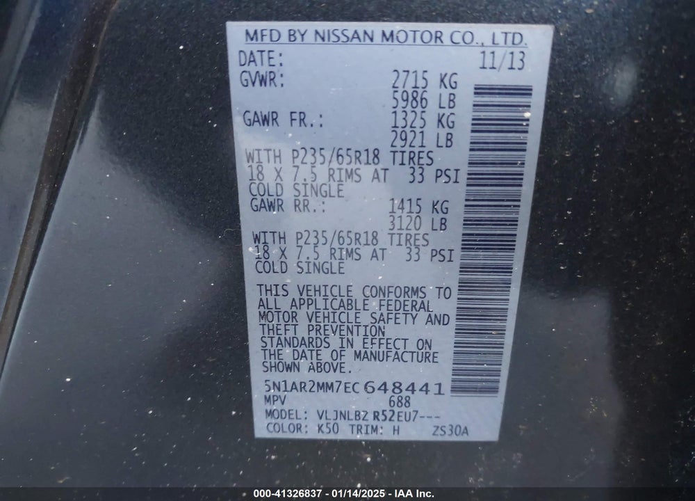 2014 NISSAN PATHFINDER S VIN: 5N1AR2MM7EC648441