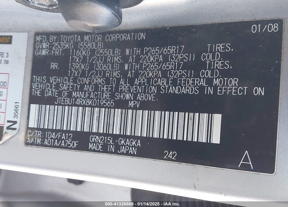 2008 TOYOTA 4RUNNER SR5 V6 VIN: JTEBU14RX8K019565