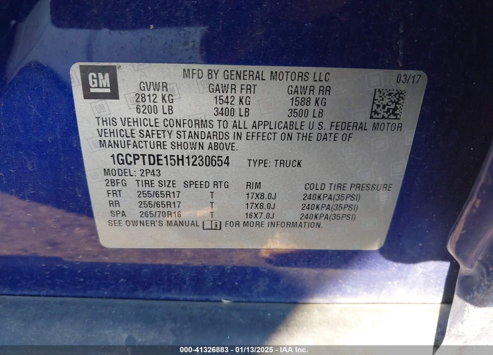 2017 CHEVROLET COLORADO Z71 VIN: 1GCPTDE15H1230654