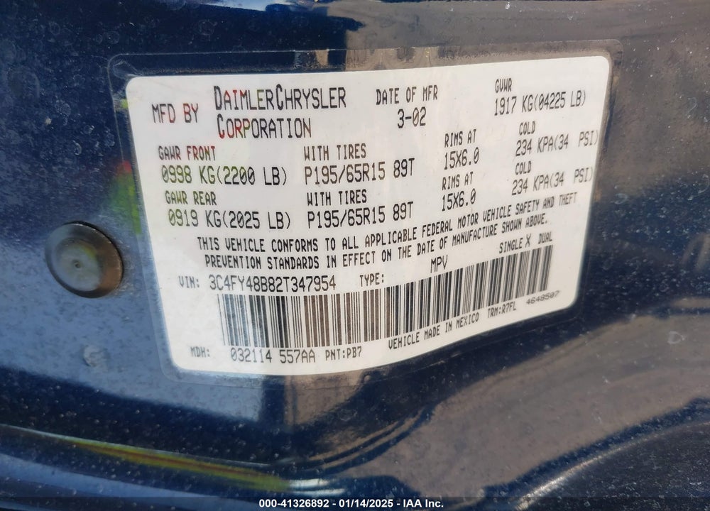 2002 CHRYSLER PT CRUISER VIN: 3C4FY48B82T347954