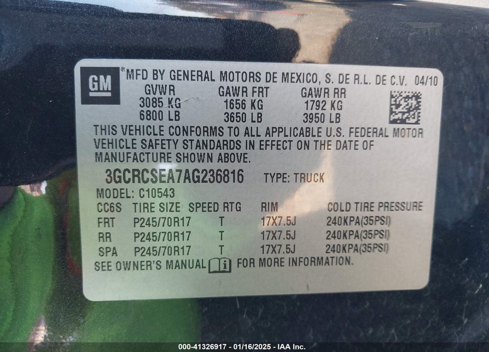 2010 CHEVROLET SILVERADO VIN: 3GCRCSEA7AG236816