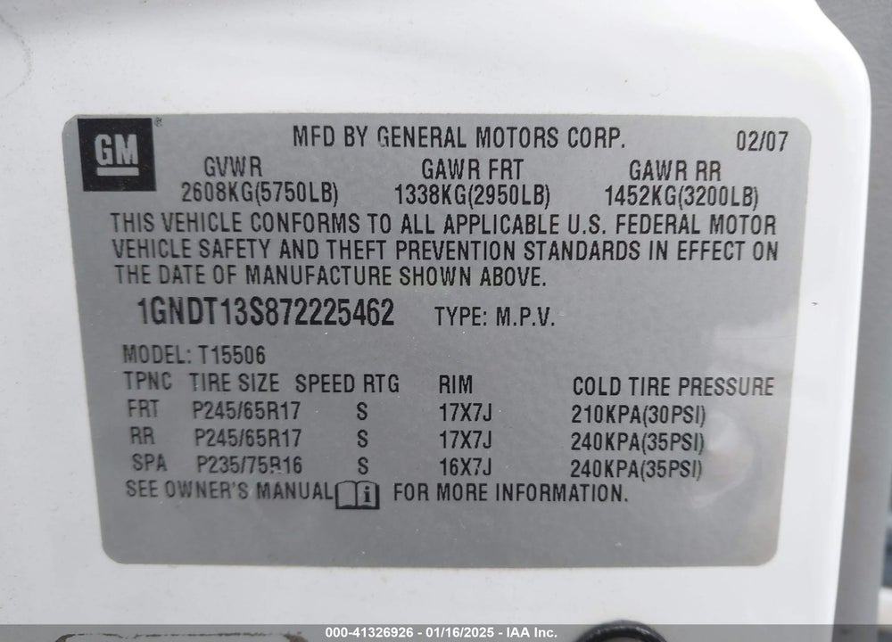 2007 CHEVROLET TRAILBLAZER LT VIN: 1GNDT13S872225462