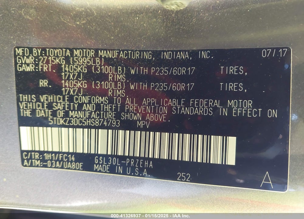 2017 TOYOTA SIENNA LE 8 PASSENGER VIN: 5TDKZ3DC5HS874793