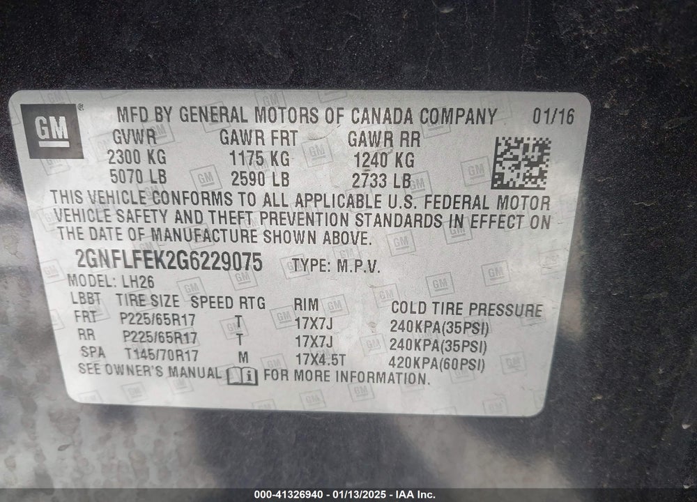 2016 CHEVROLET EQUINOX LT VIN: 2GNFLFEK2G6229075