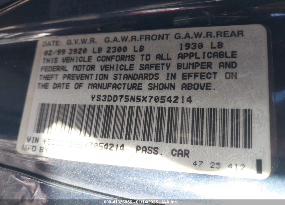 1999 SAAB 9 3 VIN: YS3DD75N5X7054214