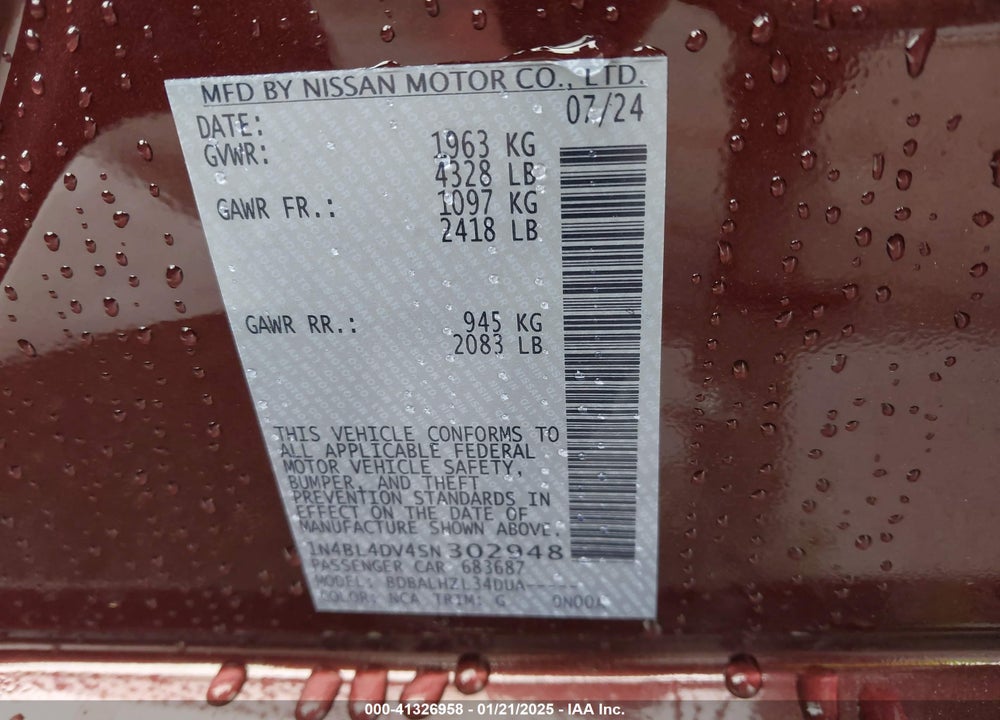 2025 NISSAN ALTIMA SV FWD VIN: 1N4BL4DV4SN302948
