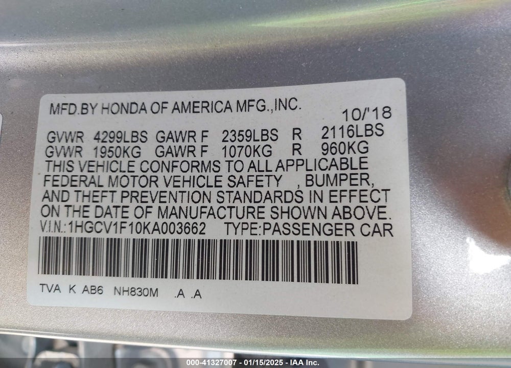 2019 HONDA ACCORD VIN: 1HGCV1F10KA003662