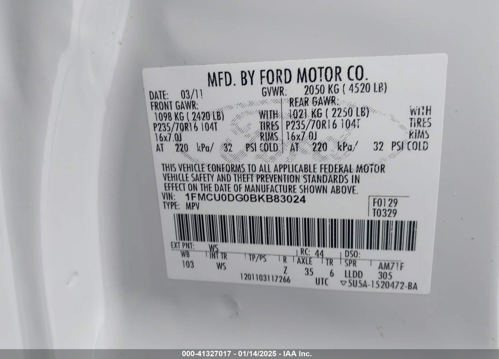 2011 FORD ESCAPE XLT VIN: 1FMCU0DG0BKB83024