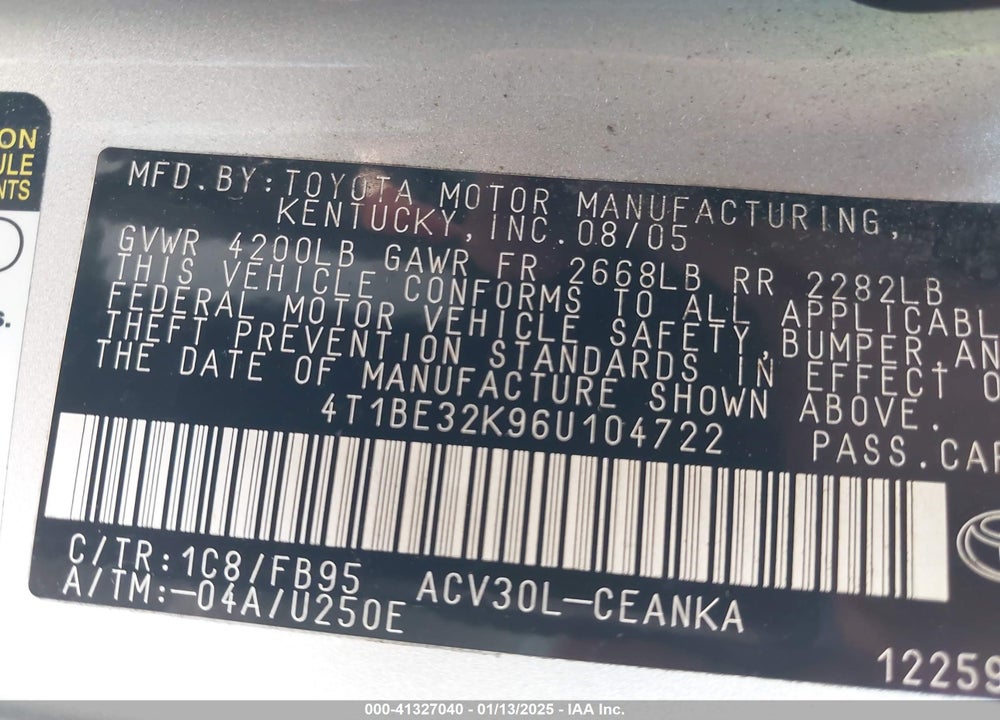 2006 TOYOTA CAMRY STD/ VIN: 4T1BE32K96U104722