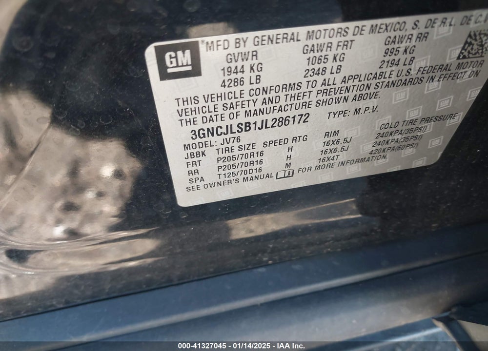 2018 CHEVROLET TRAX LT VIN: 3GNCJLSB1JL286172