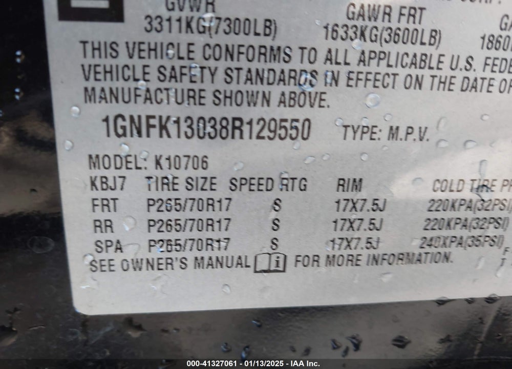 2008 CHEVROLET TAHOE LS VIN: 1GNFK13038R129550