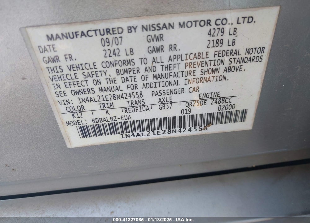 2008 NISSAN ALTIMA 2.5 S VIN: 1N4AL21E28N424558