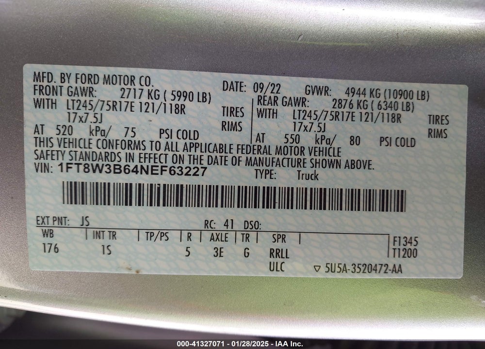 2022 FORD SUPER DUTY F-350 SRW VIN: 1FT8W3B64NEF63227