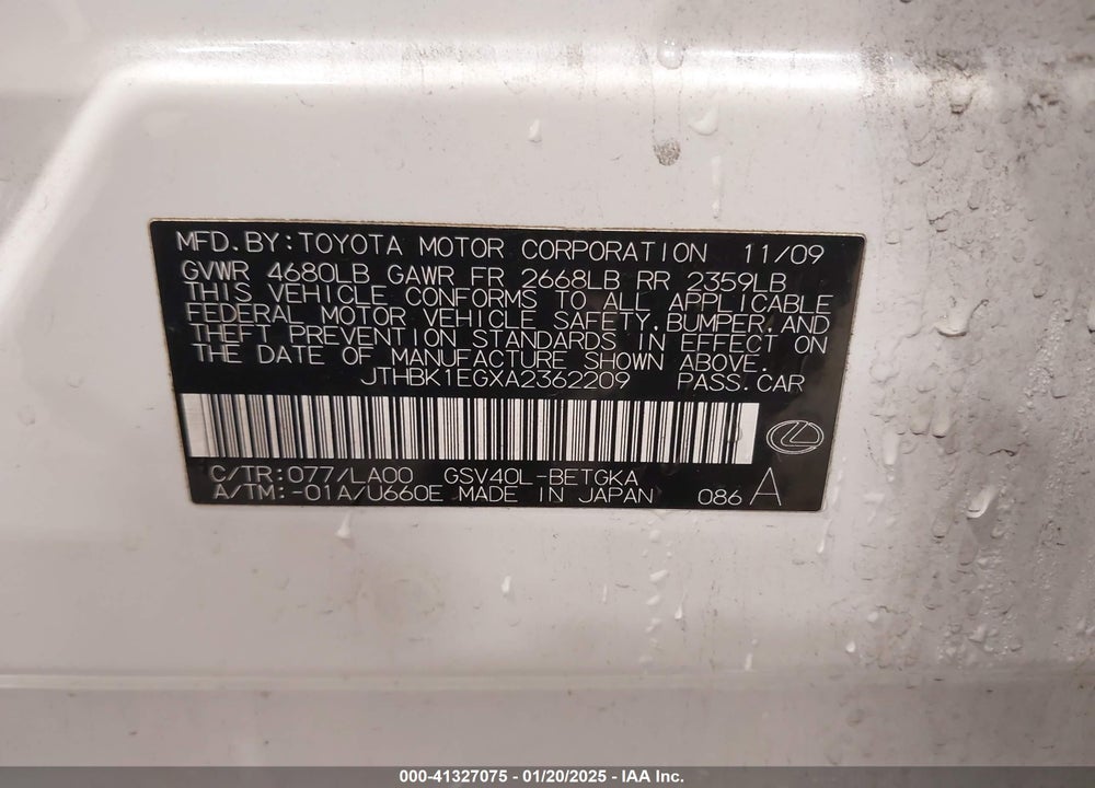 2010 LEXUS ES 350 VIN: JTHBK1EGXA2362209