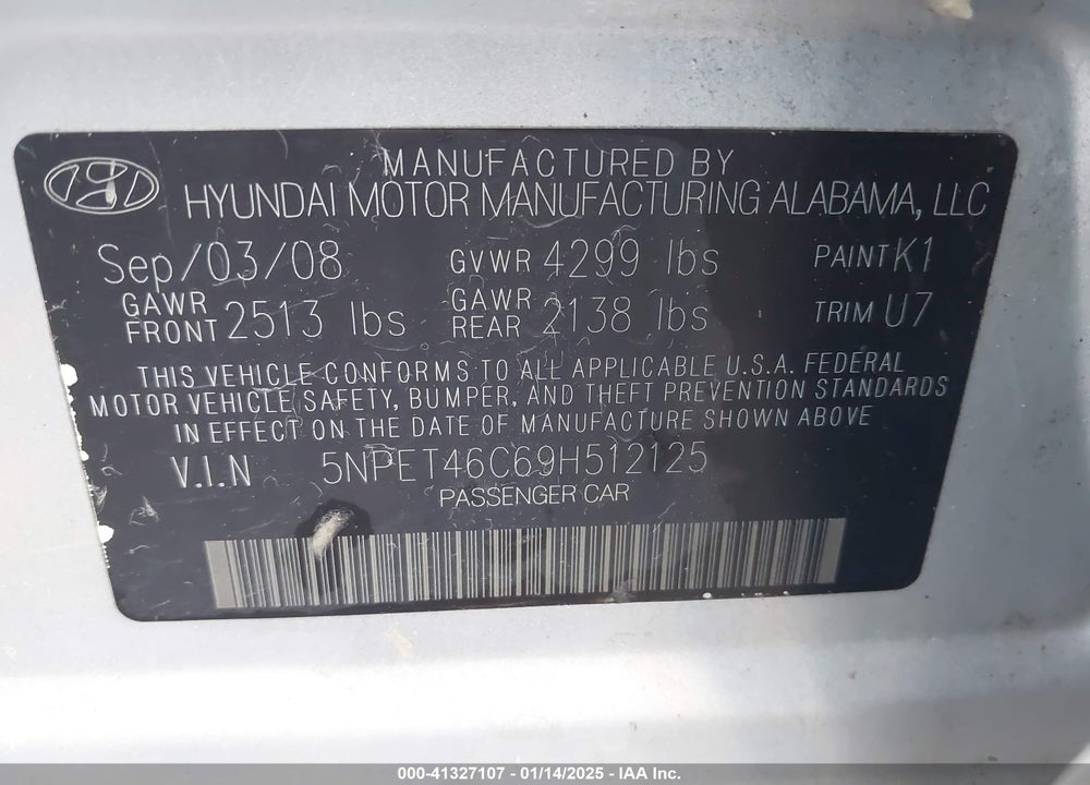 2009 HYUNDAI SONATA VIN: 5NPET46C69H512125