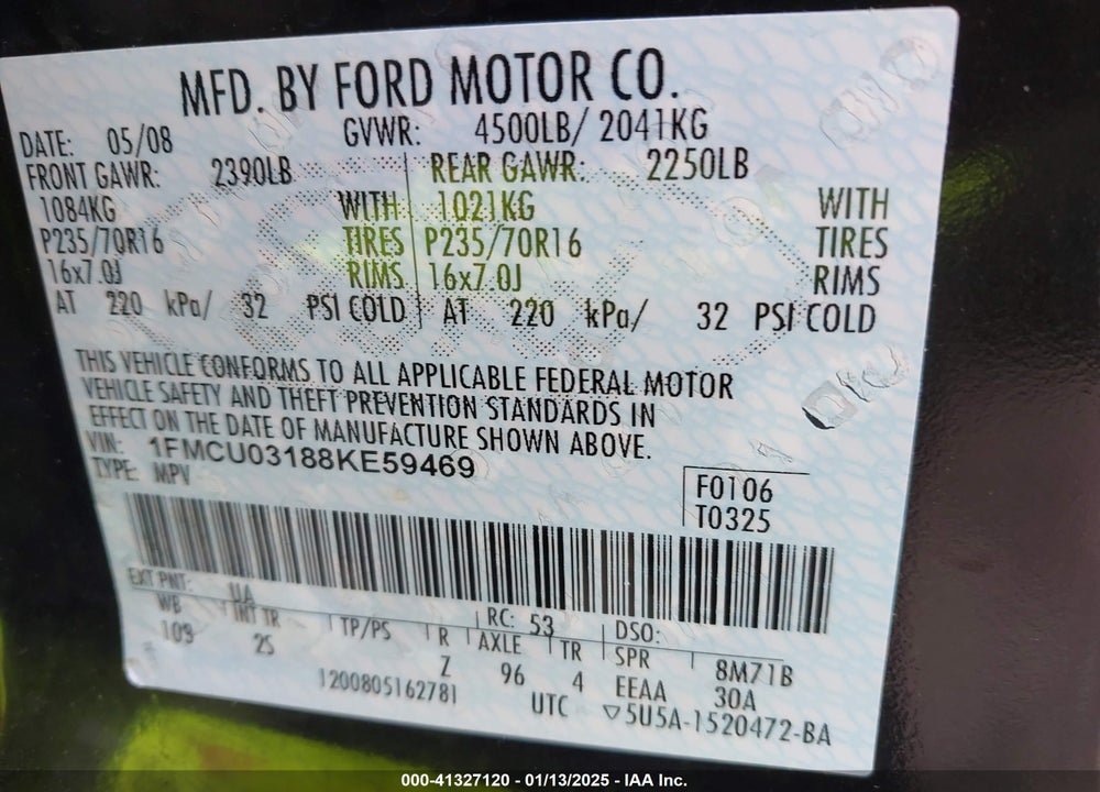 2008 FORD ESCAPE XLT VIN: 1FMCU03188KE59469
