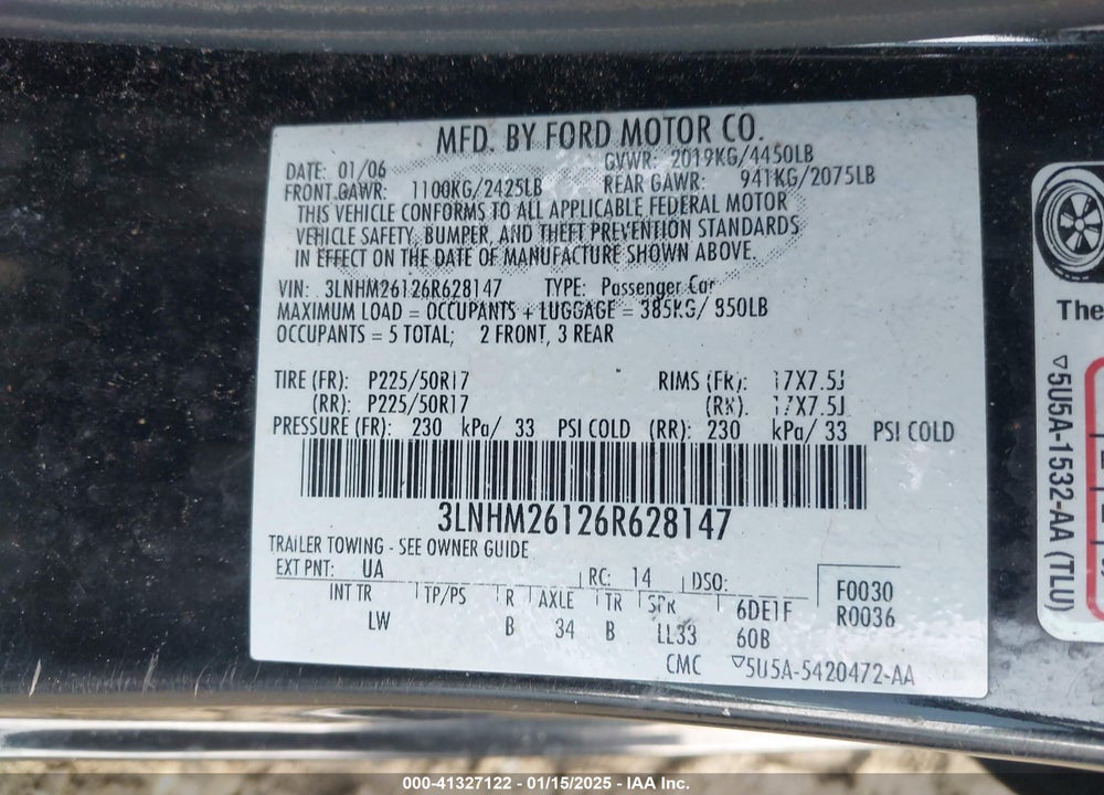 2006 LINCOLN ZEPHYR VIN: 3LNHM26126R628147