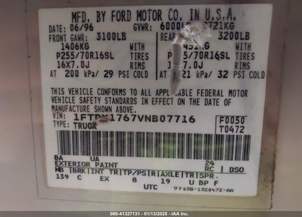 1997 FORD F-150 LARIAT/STANDARD/XL/XLT VIN: 1FTDX1767VNB07716