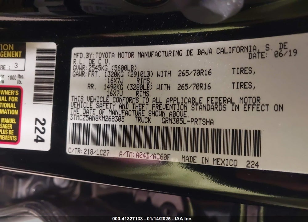 2019 TOYOTA TACOMA VIN: 3TMCZ5AN8KM268305