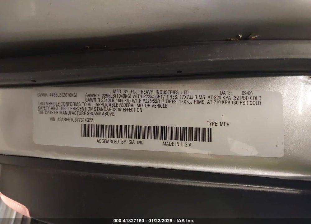 2007 SUBARU OUTBACK VIN: 4S4BP61C577314322