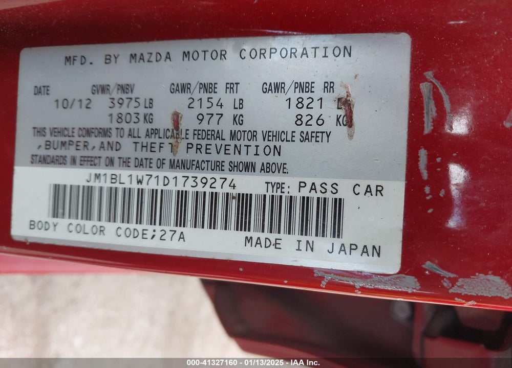 2013 MAZDA MAZDA3 VIN: JM1BL1W71D1739274