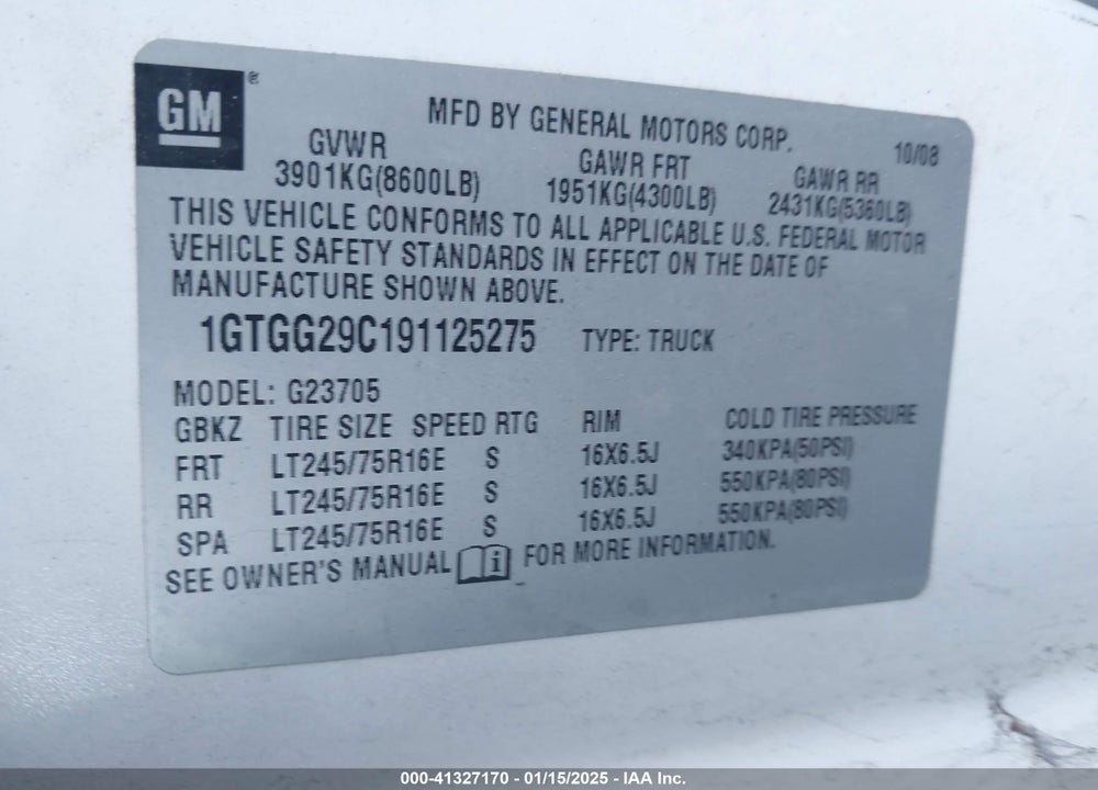 2009 GMC SAVANA 2500 WORK VAN VIN: 1GTGG29C191125275