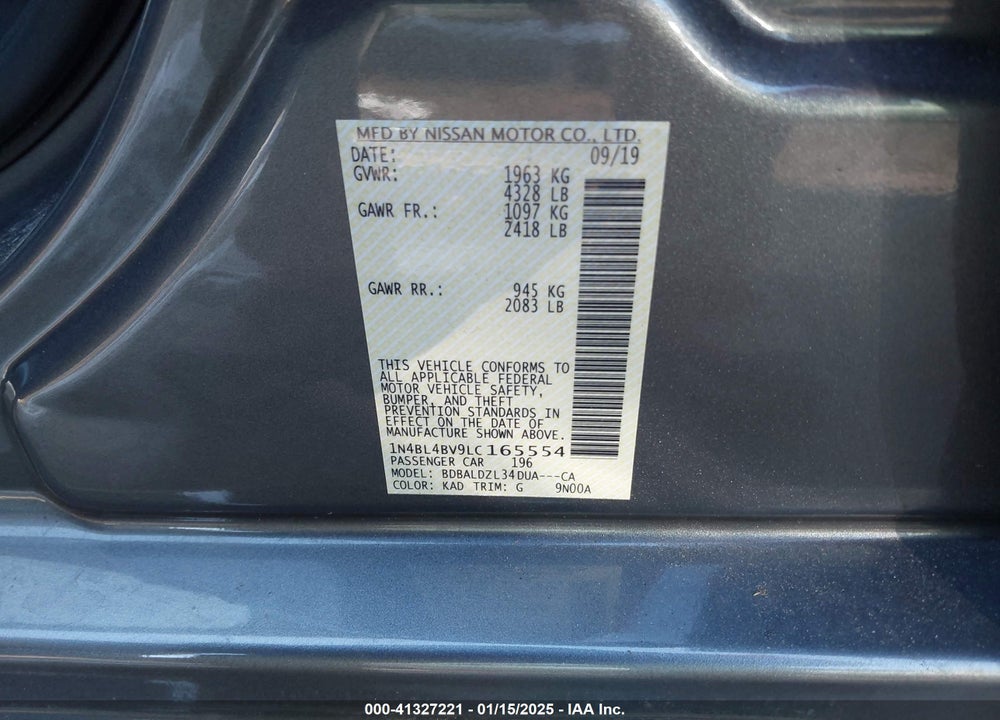 2020 NISSAN ALTIMA VIN: 1N4BL4BV9LC165554