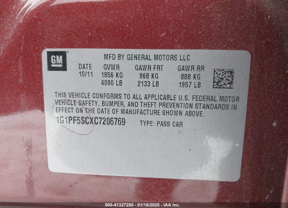 2012 CHEVROLET CRUZE 1LT VIN: 1G1PF5SCXC7206769