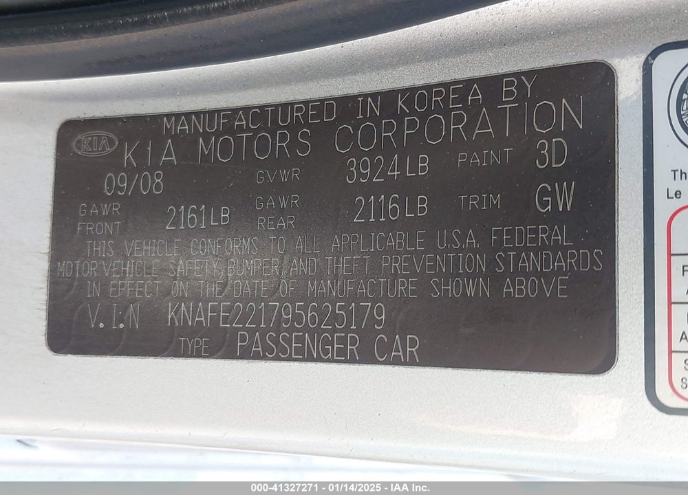 2009 KIA SPECTRA EX VIN: KNAFE221795625179