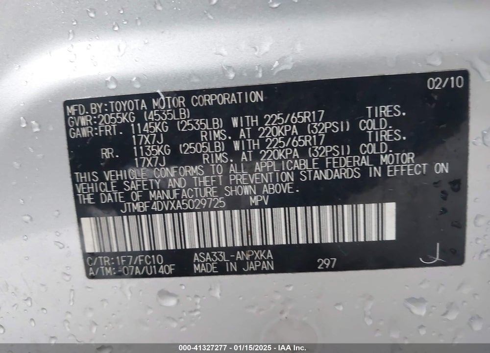 2010 TOYOTA RAV4 VIN: JTMBF4DVXA5029725