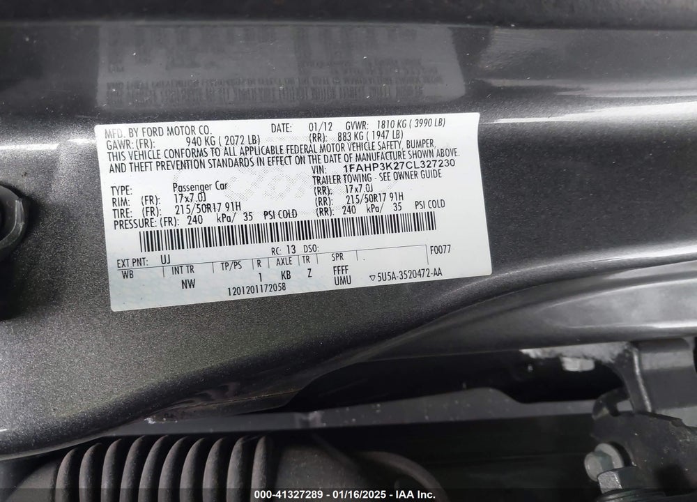 2012 FORD FOCUS VIN: 1FAHP3K27CL327230