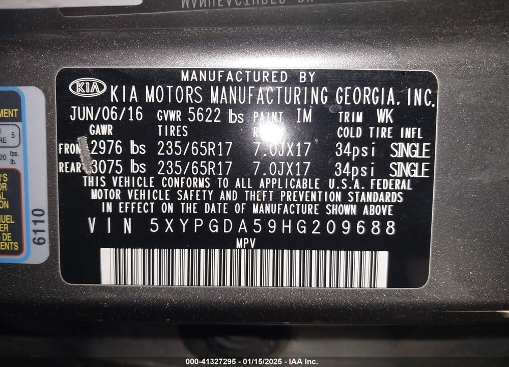 2017 KIA SORENTO 3.3L LX VIN: 5XYPGDA59HG209688