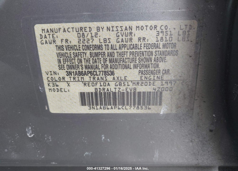 2012 NISSAN SENTRA 2.0 S VIN: 3N1AB6AP6CL778536